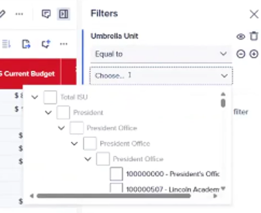 Filter menu with the 