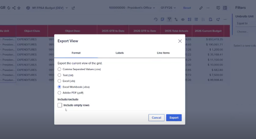 Export view window