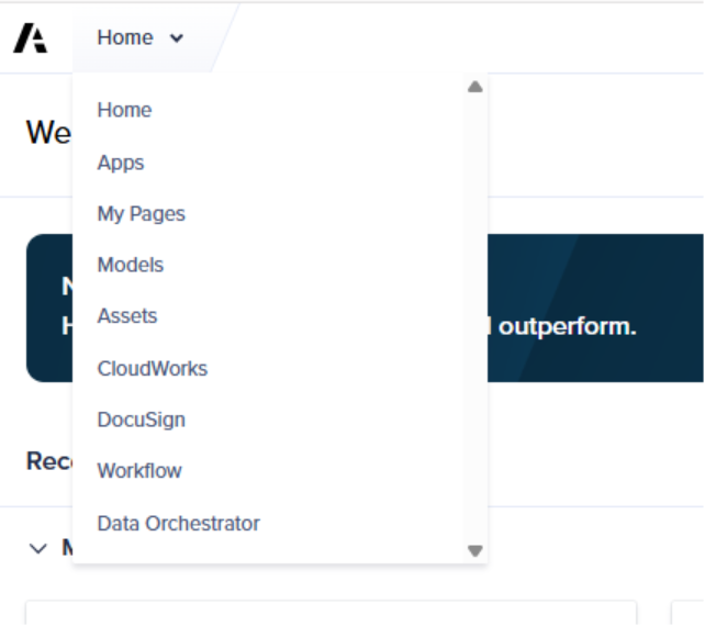 Home dropdown menu with Apps link