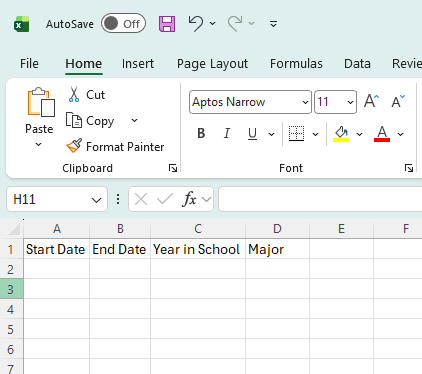 Excel spreadsheet with Start Date, End Date, Year in School, and Major in cells A1-D1