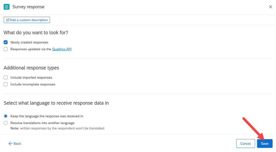 Survey response window with Save button