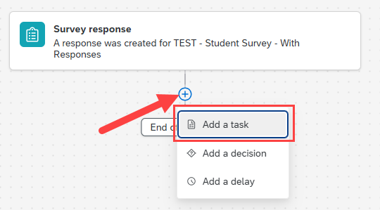 Survey response tile with plus sign and dropdown menu with Add a task link
