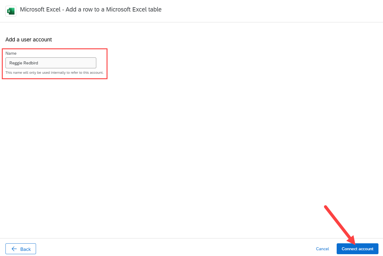 Add a user account field with the name Reggie Redbird in the Name field and Connect account button