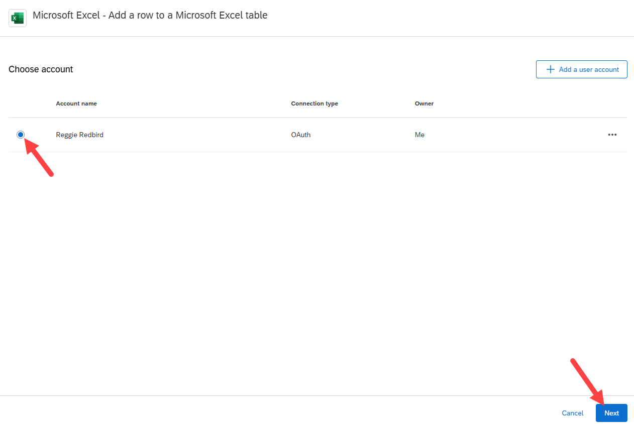 Microsoft Excel - Add a row to a Microsoft Excel table window with Next button and radio button in the row next to