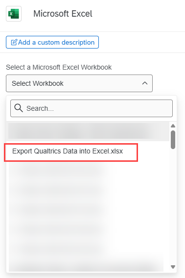 Microsoft Excel window with Select Workbook dropdown menu and