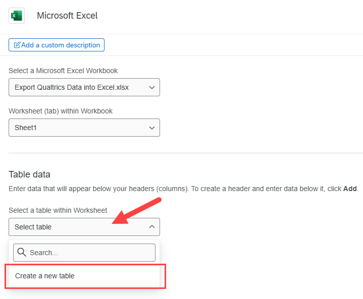 Table data section with Select table dropdown menu and Create a new table link
