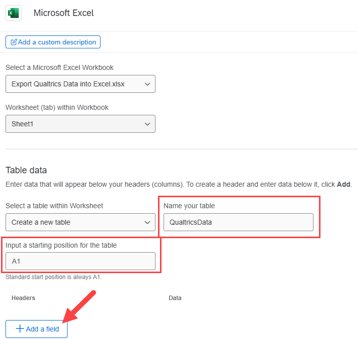 Table data section with Name your table field containing name of