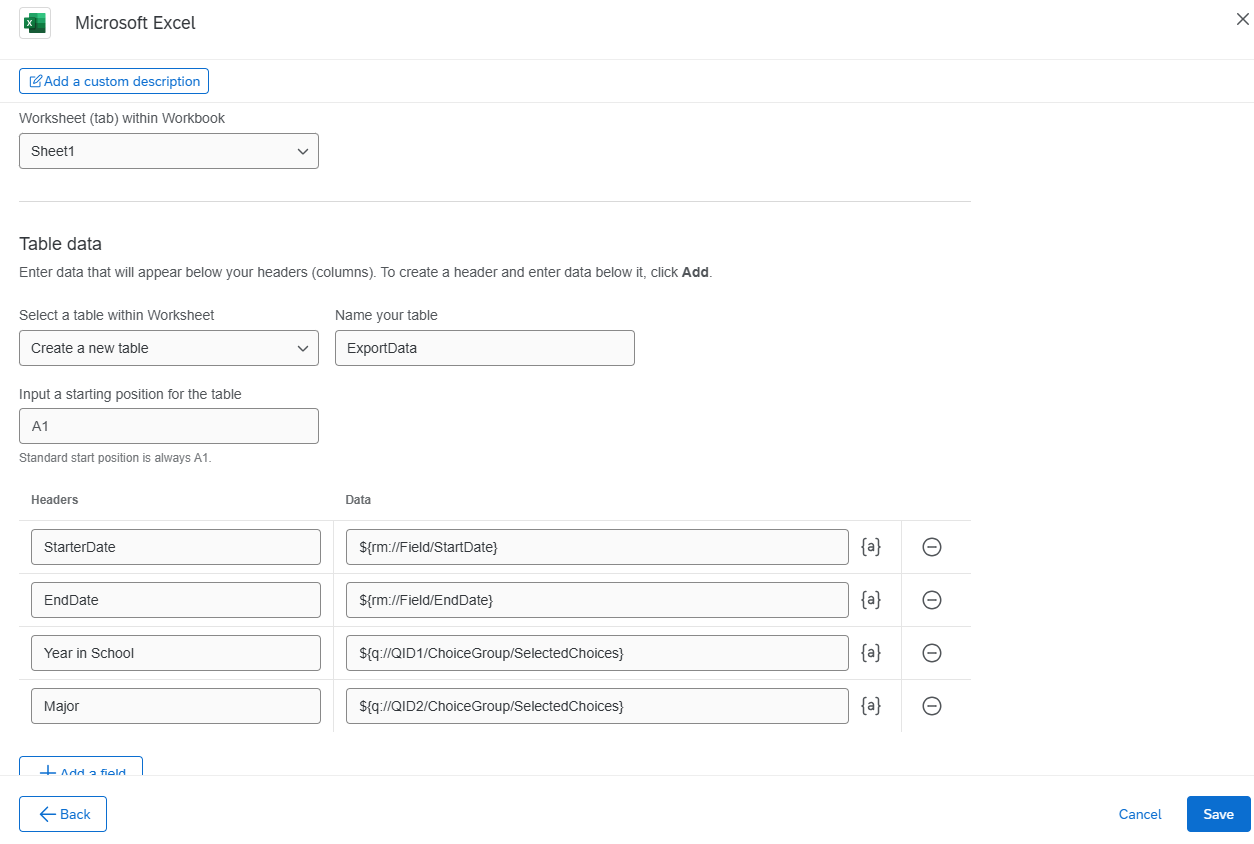 Table data section with completed Headers and Data fields