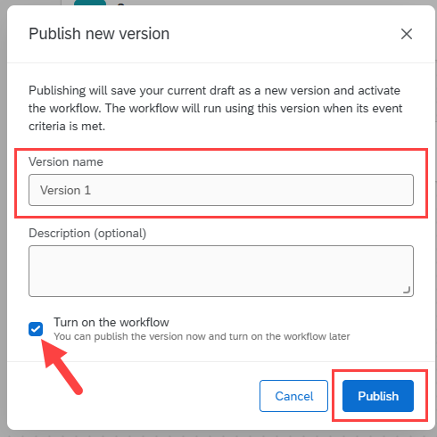 Publish new version window with Version name field, Turn on the workflow checkbox, and Publish button