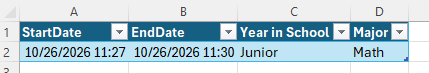 Excel spreadsheet with StartDate, EndDate, Year in School, and Major column headers