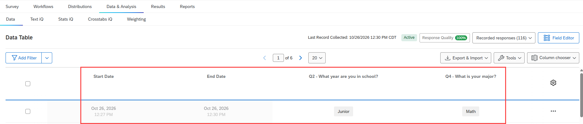 Data & Analysis tab with Start Date, End Date, What year are you in school?, and What is your major? data columns