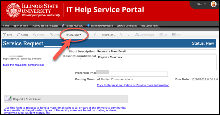 Screenshot depicting the location of the Attach icon in the self-service Request form