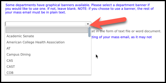 Screenshot depicting the location of the Department Graphical banner drop-down menu  in the self-service Request form