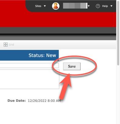 Screenshot depicting the location of the Save button in the self-service Request form