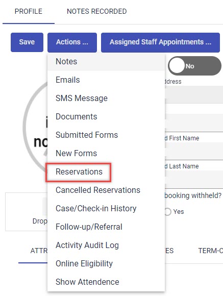 Actions menu with Reservations link