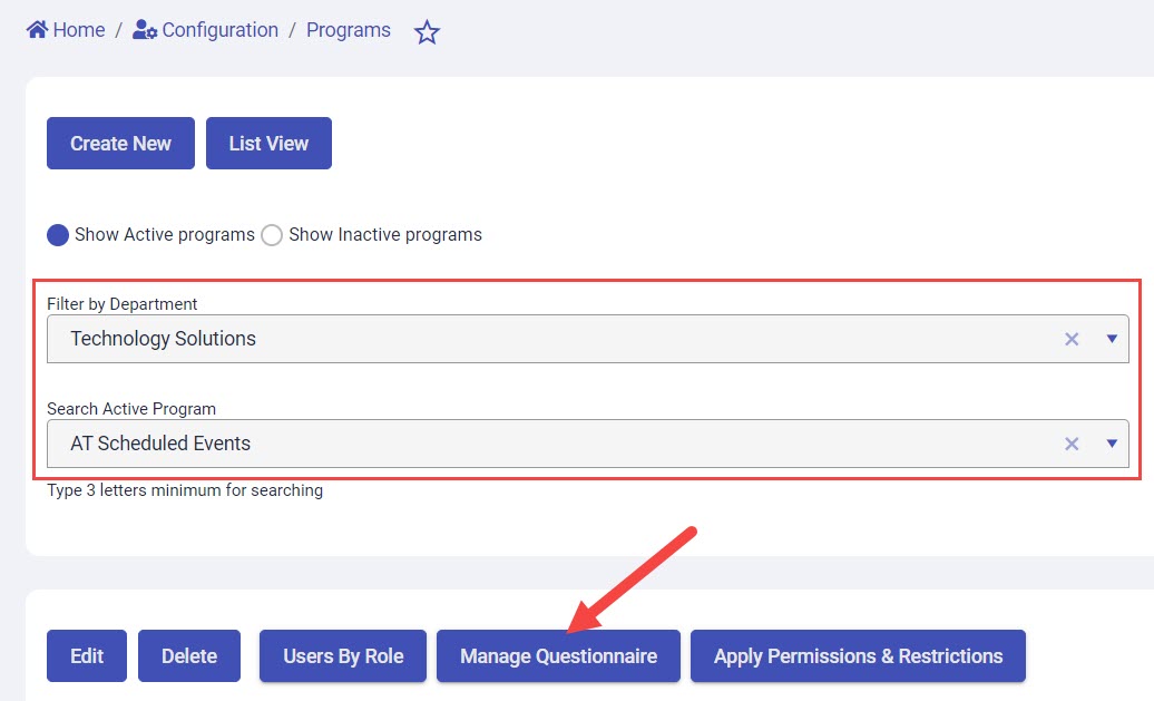 Department and Active Program dropdown menus and Manage Questionnaire button