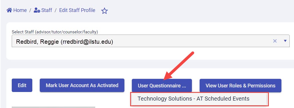 User Questionnaire button and Program link