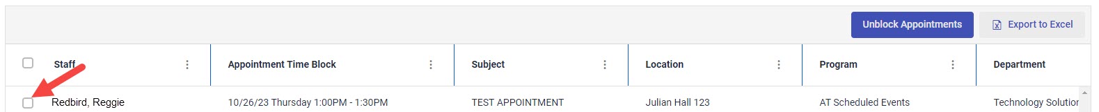 Checkbox next to blocked appointment to unblock