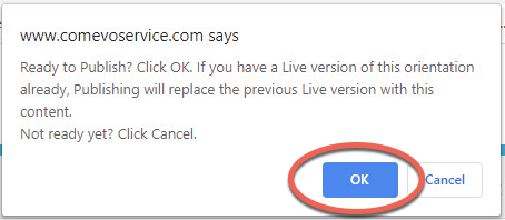 Screenshot of the OK button within the Comevo Service pop-up pane