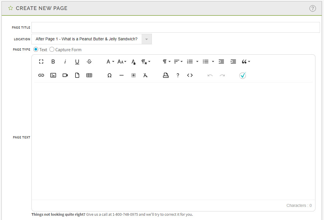 Screenshot depicting the Page Title, Location, Page Type, and Page Text fields within the Create New Page pane