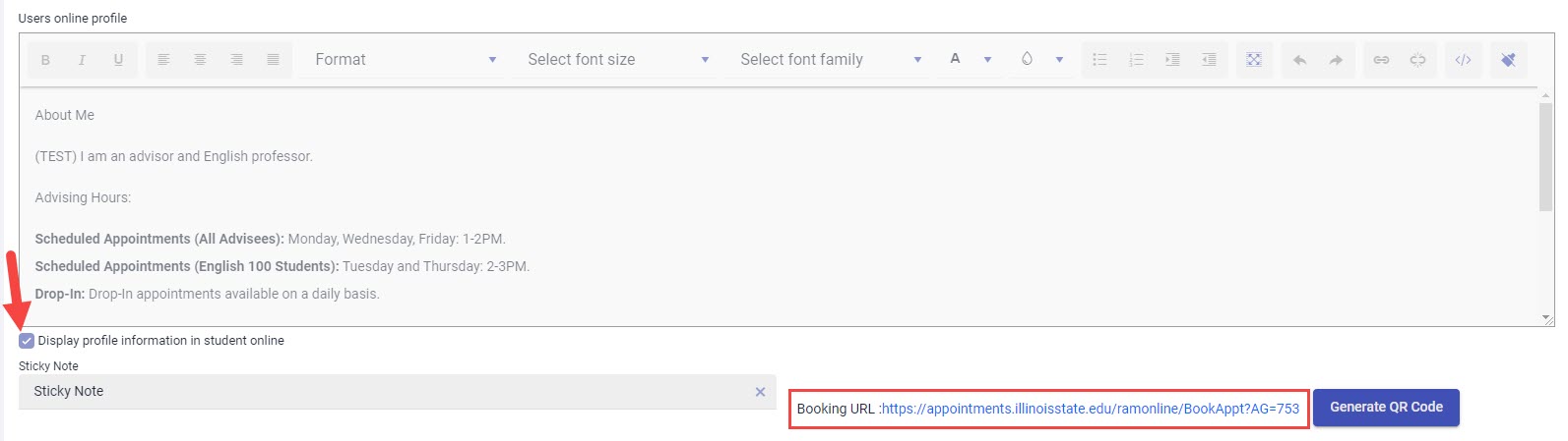 Booking URL field and Display profile information in student online link