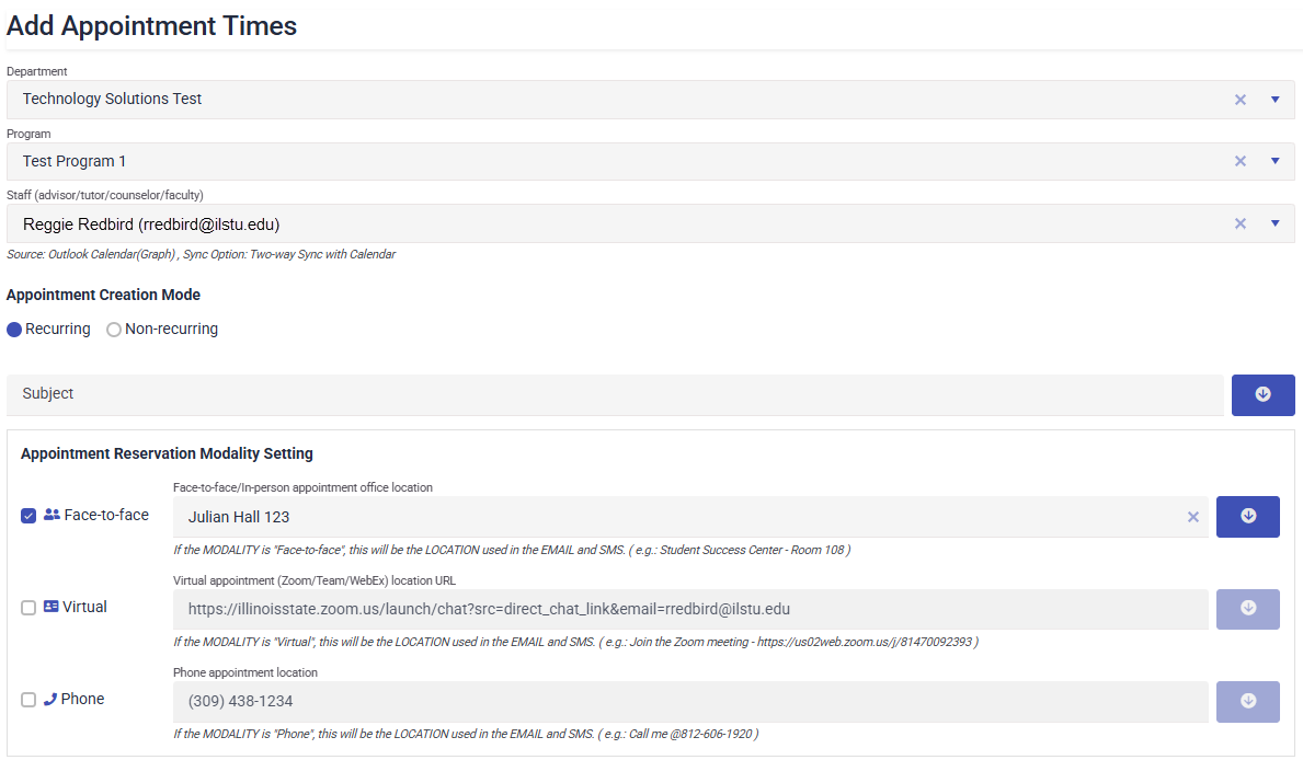 Add Appointment Times page with Face-to-face, virtual, and phone checkboxes