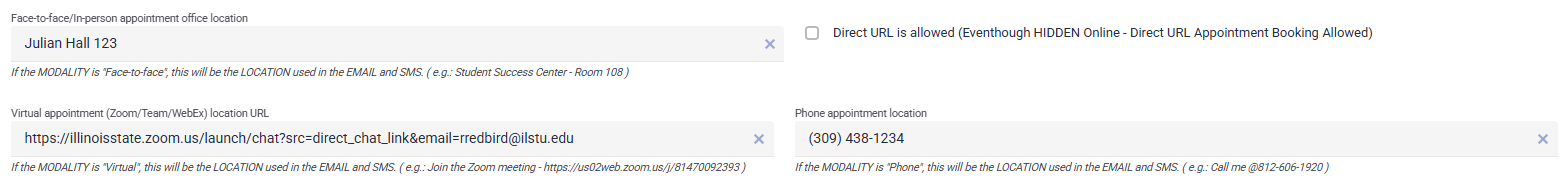 Face-to-face appointment, virtual appointment, and phone appointment locations