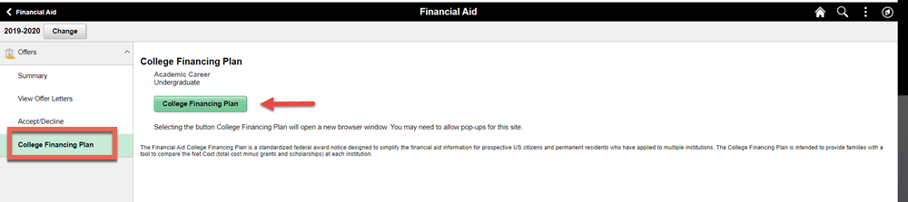 Screenshot depicting the College Financing Plan pane