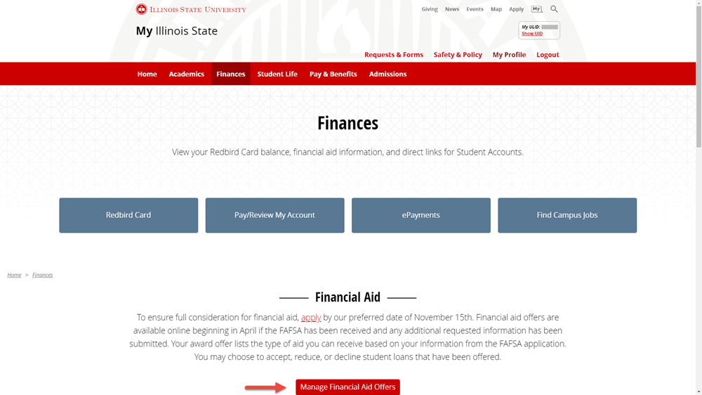 Manage Financial Aid offers link