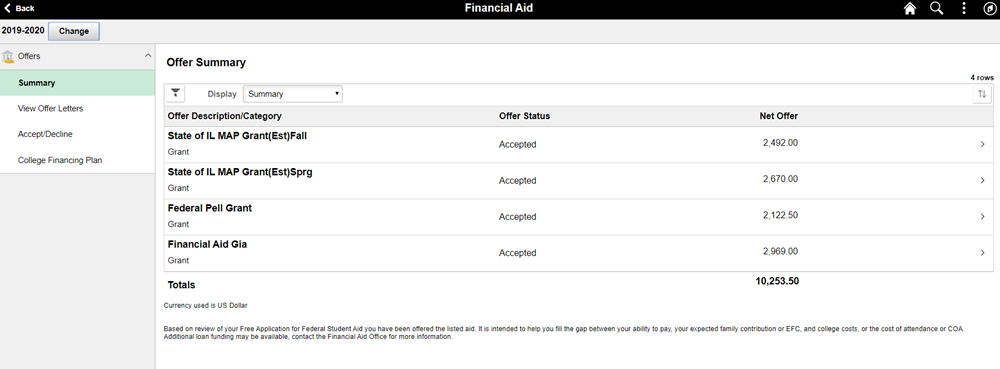 Financial Aid Portal view