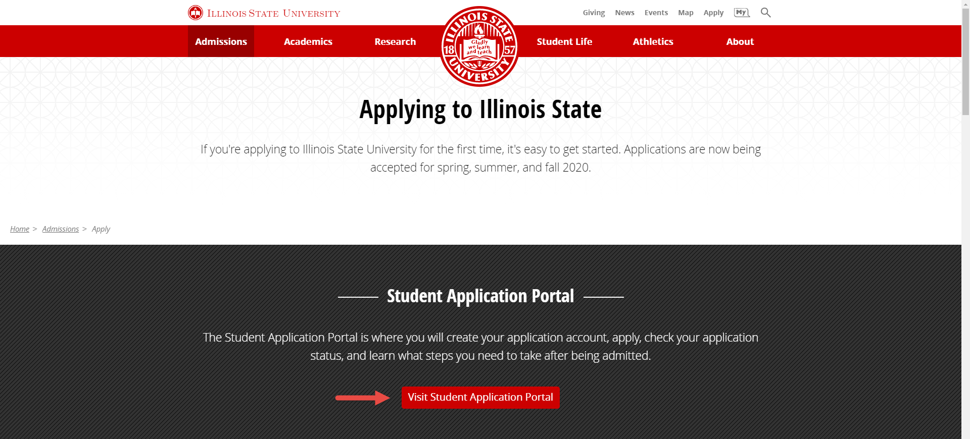 Screenshot depicting the Office of Admissions website, including the location of the Visit Student Application Portal button