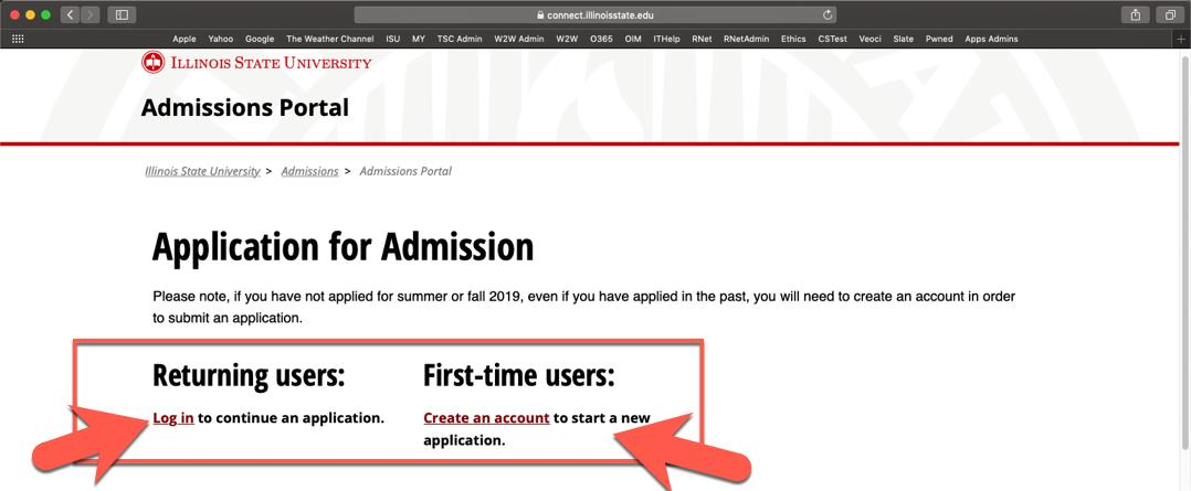 Screenshot depicting the Admissions Portal, including the locations of the Log In and Create an Account links