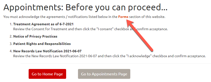 Screenshot depicting the pop-up message pane advising that additional forms require completion prior to scheduling a SHEILD COVID-19 test
