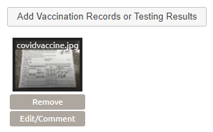 Screenshot depicting the location of the Remove button below an uploaded vaccination record photo