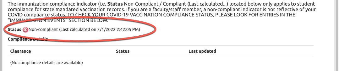 Screenshot depicting the Status Non-Compliant message within the Immunization and Results page of the Patient Health Portal