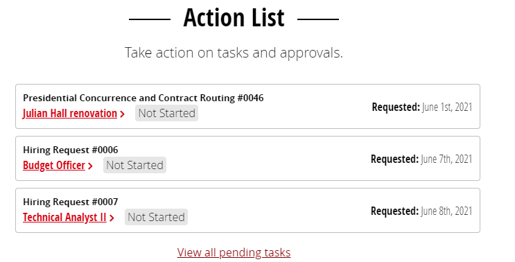 Screenshot depicting the Action List as Displayed in the MY.IllinoisState.edu Web Portal