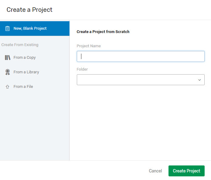 Screenshot depicting the Create a Project pane