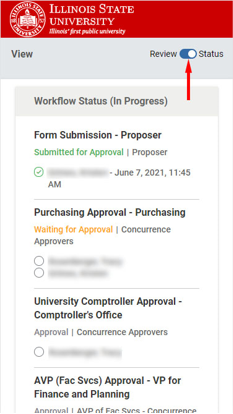 Screenshot depicting the Review Status Toggle switch in a form within the Kuali mobile app