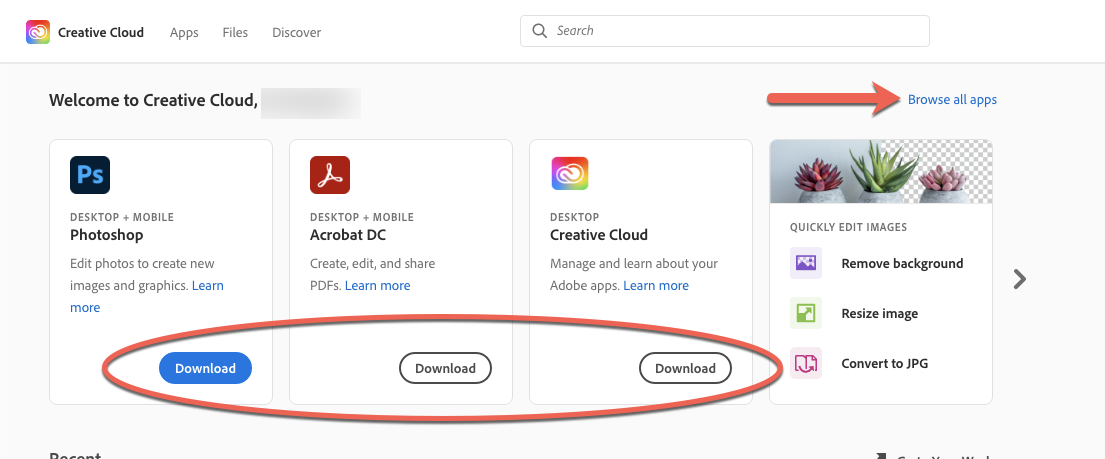 Screenshot of the Download buttons beneath the featured apps and the location of the Browse All Apps link on the Adobe authenticated homepage