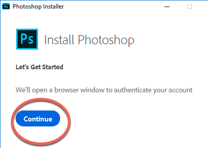 Screenshot depicting the location of the Continue button in the Install Photoshop pane