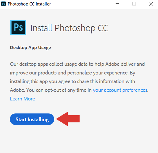 Screenshot depicting the location of the Start Installing button in the Photoshop CC Installer pane