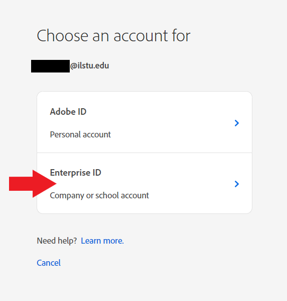Screenshot depicting the options to select either an Adobe ID or an Enterprise ID associated with the email account being used to login to Adobe