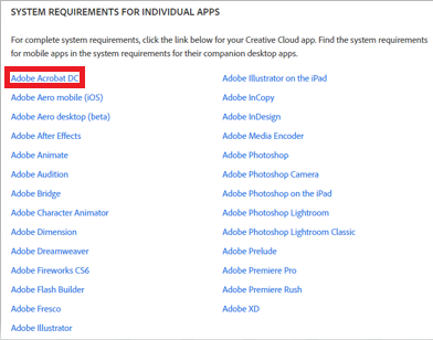 List of Adobe Apps linking to System Requirements