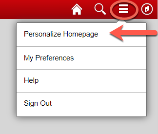 Screenshot depicting the three horizontal lines at the top of the Teacher Education page, as well as he Personalize Homepage option from the drop-down menu