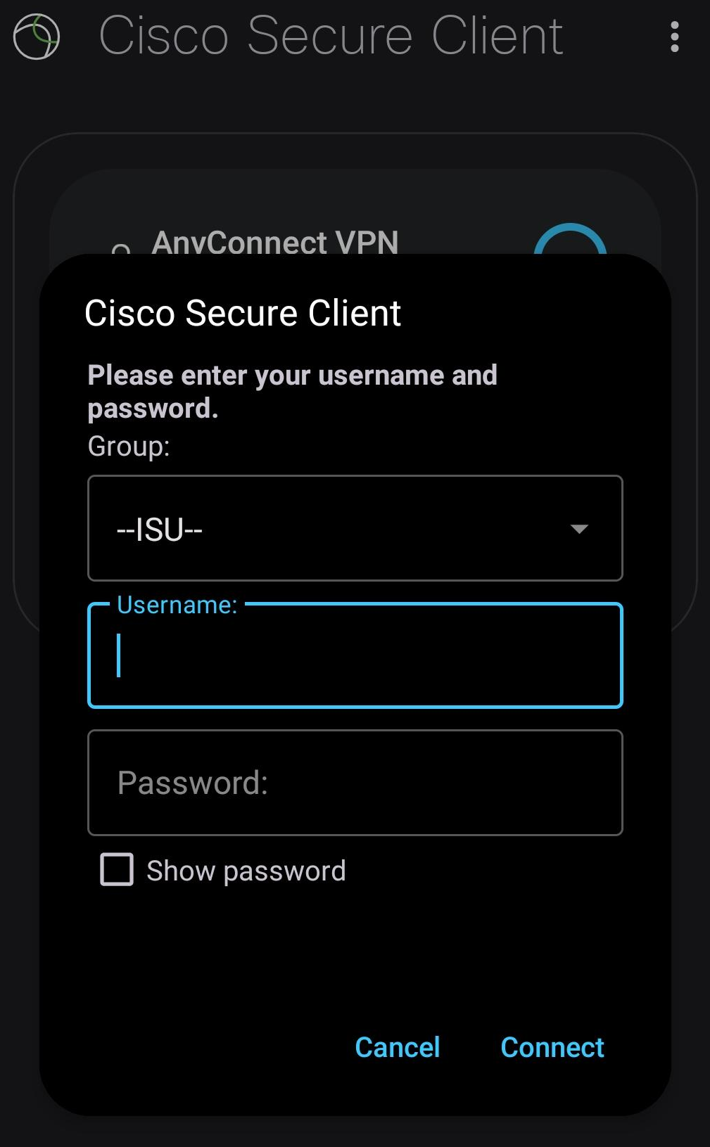 Cisco Secure Client window with Group dropdown menu, and Username and Password fields, and Connect button