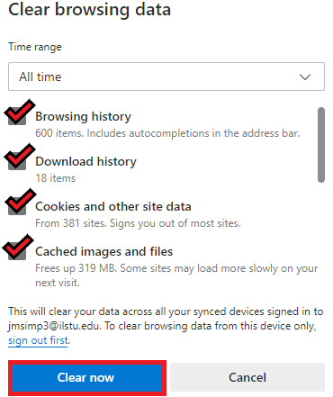 Clear Browsing Data options in Edge