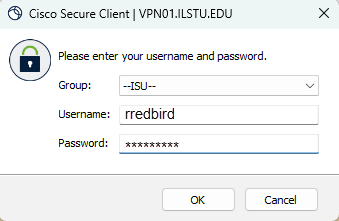 Image of Cisco Secure Client log in screen. Contains Group, Username, and Password fields