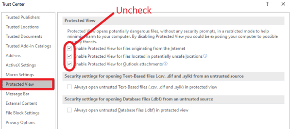 Options to uncheck in Trust Center Settings, Protected View