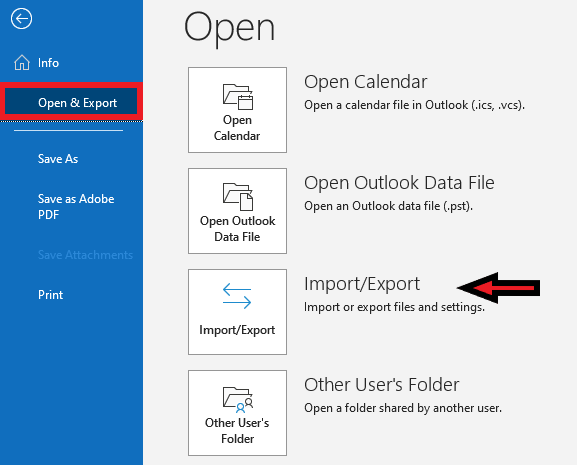 Import Export option in Outlook mail