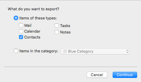clicking continue after choosing what to export